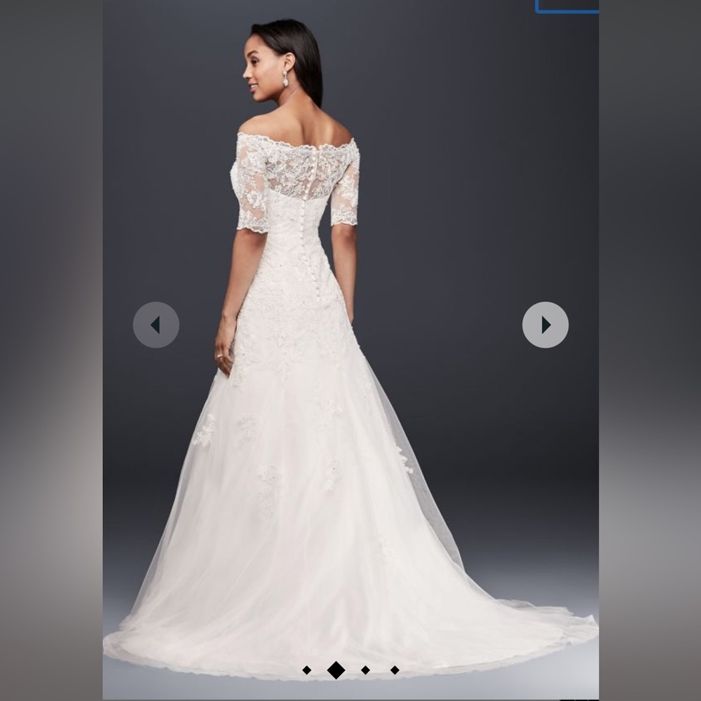 David's Bridal Off-the-Shoulder Lace A-Line Wedding Dress in White